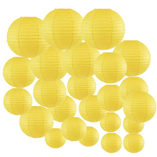 Just Artifacts Decorative Round Chinese Paper Lanterns 24Pcs Assorted Sizes (Color: Lemon Yellow) #TOP1