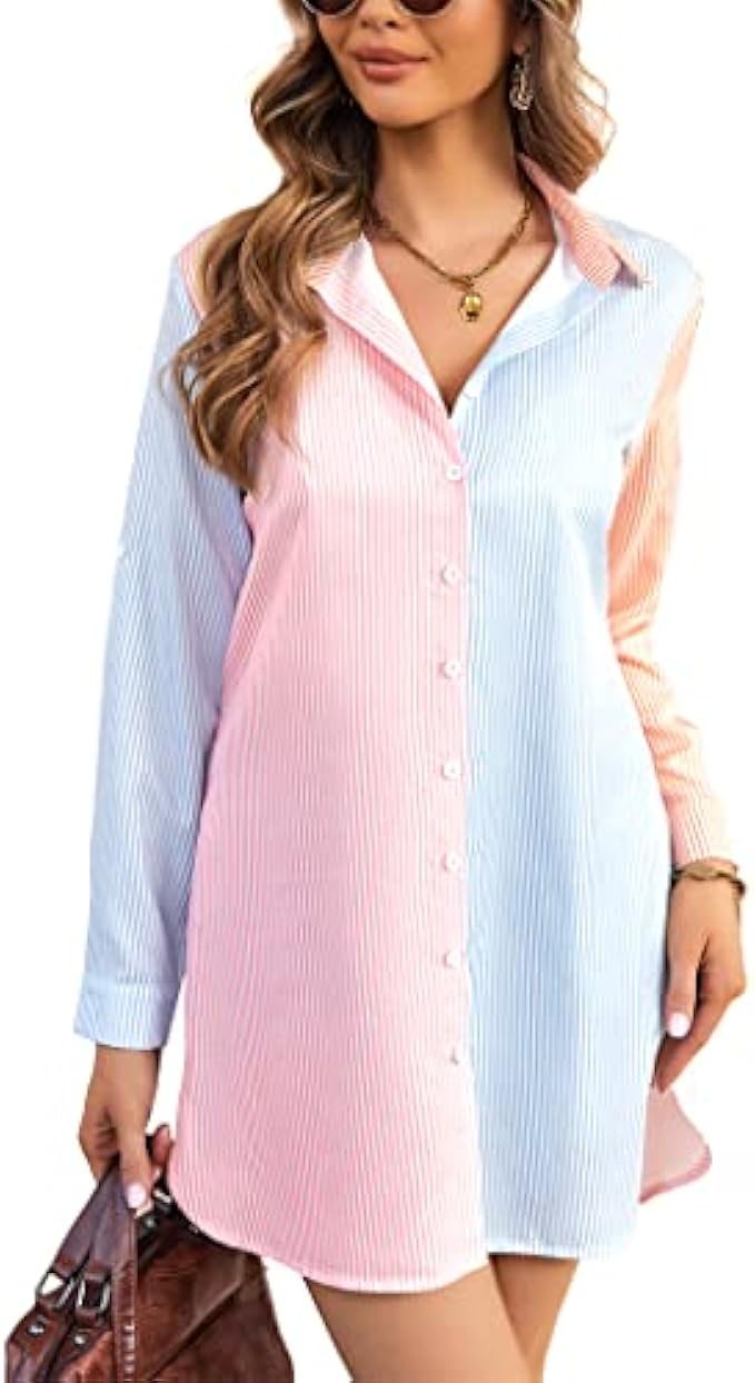 Hotouch Long Button Up Shirts for Women Linen Cover Up Shirts Button Down Shirt Dress