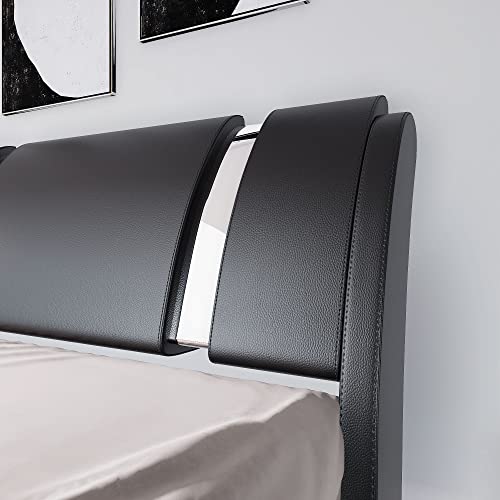 Allewie Queen Bed Frame With Iron Piece Decor, Faux Leather Upholstered Platform Bed With Adjustable Headboard & Strong Wooden Slats, No Box Spring Needed, Black #TOP3