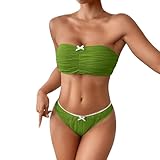 Top bikini senza spalline: il bikini a fascia dispone di un top classico con bordo in pizzo, un colore chiaro a contrasto, un fiocco incrociato sul retro e un materiale strutturato per un look minimalista e senza tempo.