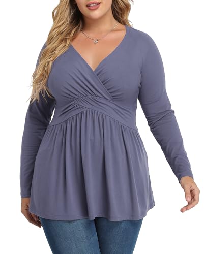 TIANZHU Women's Plus Size V Neck Tunics Tops, Purple Grey, 5XL
