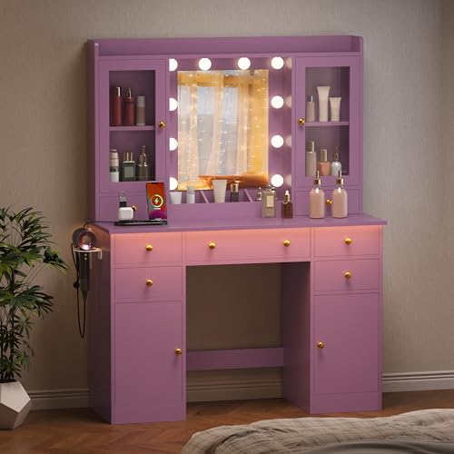 Image of HUANLEGO Purple Vanity Desk with Mirror and Lights for Girls Women | Makeup Vanity Mirror with Lights, LED RGB Lights Strip, Power Outlet, 7 Drawers, 2 Storage Cabinets, 3 Color Modes Adjustable