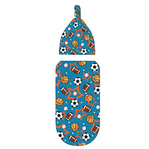 Image of Basketball Football Baseball Soccer Newborn Swaddle Blanket with Hat Sets Newborn Receiving Blanket for Boy Girl Swaddle Sack Shower Infant Gift