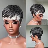 SisBroSis Short Pixie Cut Human Hair Wig Salt and Pepper Black with 60# Mix Gray Color for Women's Daily Wear Glueless Short Layered Pixie Cut Virgin Human Hair Easy to Throw on and go (1b mix 60)