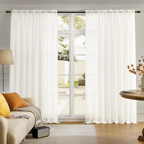 Image of MYSTIC-HOME Sheer Curtains Ivory 95 Inches Long, 108 Inch Width Window Treatments Rod Pocket Drapes for Living Room, Bedroom, Semi Extra Wide Sheer Curtains for Patio, Villa, 108 inchx 95 inch, 2 Panels