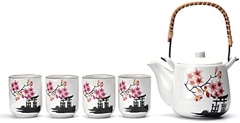 Japanese Ceramic Tetsubin Teapot & 4 Teacups White Snow Pink Blossoms Sakura Flower Tea Set, Stainless Steel Infuser & Rattan Handle included with Gift Box