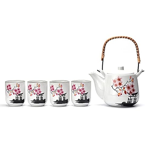 Deluxe Japanese Ceramic Tetsubin Teapot & 4 Teacups White Snow Pink Blossoms Sakura Flower Tea Set, Stainless Steel Infuser & Rattan Handle included with Gift Box Cover