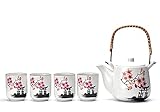 Japanese Ceramic Tetsubin Teapot & 4 Teacups White Snow Pink Blossoms Sakura Flower Tea Set, Stainless Steel Infuser & Rattan Handle included with Gift Box