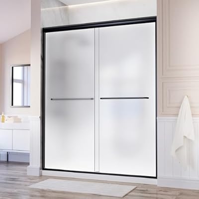 60 inch Black Shower Door?Semi-Frameless Double Sliding Door with Two Handles?Frosted Tempered Glass with Easy Clean Coating, Matte Black