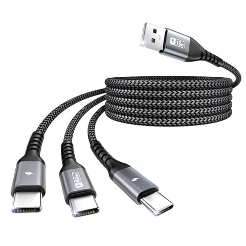 SUNGUY USB C Câble 5FT/1,5M, 3 en 1 Cord multichargeur QC3.0 USB à USB-C Câble avec 3 Ports de type C Nylon tressé pour i-Phone 17/16/15 Series, Galaxy S25 S24, Huawei, Google, Honneur, LG, Comprimés