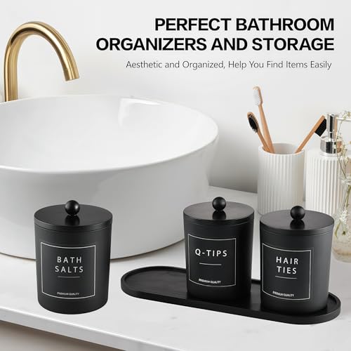 BIKALAN Glas Wattestäbchen Behälter, Schminktisch Badezimmer Organizer Set mit Tablett, Wattepadspender Make up Organizer für Wattestäbchen, Wattepads (Schwarz-3er)