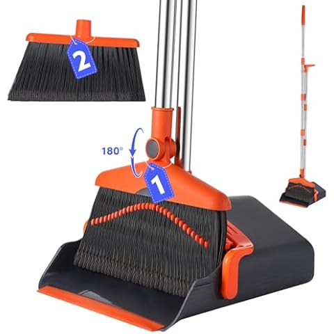 Wlich Broom and Dustpan Set with 52-in Long Handle, Broom with Dust Pan Combo Standing Dust Pan and Broom Set for Home Office Kicthen Hall Floor Cleaning, Indoor&Outdoor Sweeping（Gray&Orange） Cover