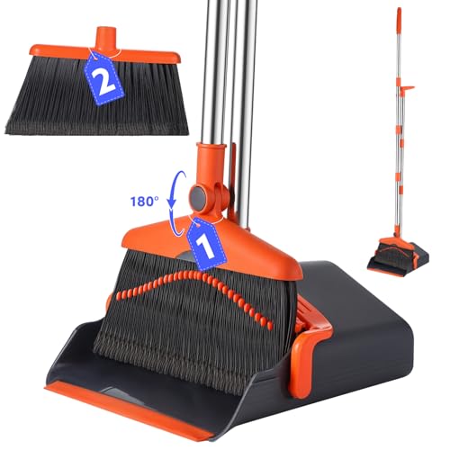 Wlich Broom and Dustpan Set with 52-in Long Handle, Broom with Dust Pan Combo Standing Dust Pan and Broom Set for Home Office Kicthen Hall Floor Cleaning, Indoor&Outdoor Sweeping（Gray&Orange）