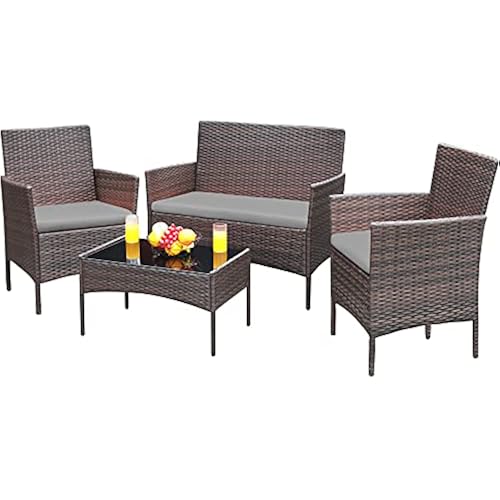 Greesum Patio Furniture 4 Pieces Conversation Sets,Brown and Gray