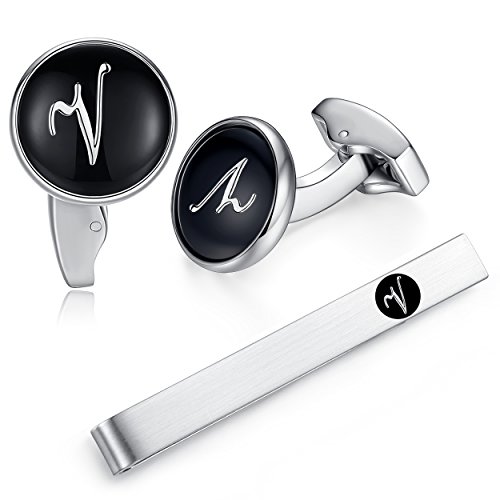 HONEY BEAR Initial Letter Alphabet Cufflinks & Tie Clips Set – Stainless Steel for Wedding Business Gift Men's Shirt (Black) (V)