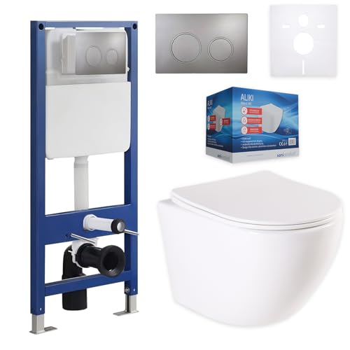 sanicomfort Wand WC-Set Aliki + Vorwandelement inkl. runder Betätigungsplatte dunkelgrau | Unterputz-Komplettset mit 2-Mengen-Spülung | Hygienische Keramik & stabile Montage