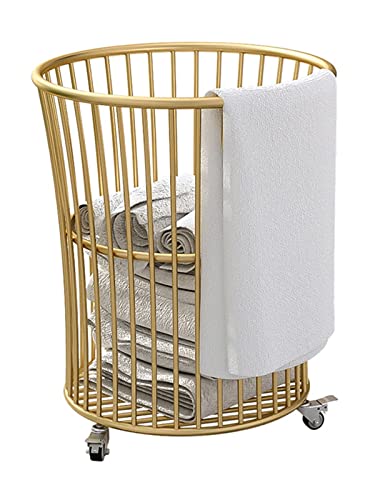 Rolling Laundry Hamper with Wheels,Metal Cart Basket Clothes Storage Organization Bin for Living Room,Bathroom,Bedroom or Kids Bedroom,Gold