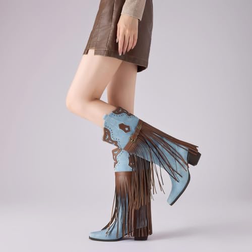Cowboy Boots for Women Fringe Embroidered Western Knee High Cowgirl Boots Chunky Heels Pointed Toe3