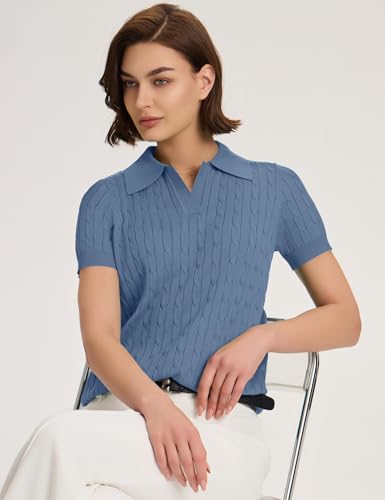 Image of Micoson Womens Short Sleeve Sweater Tops Lapel V Neck Polo Shirts 2026 Summer Cable Knit Loose Blouse Business Casual Outfits