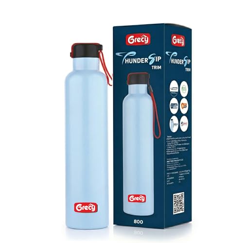 Image of GRECY Trim 800ml Stainless Steel Water Bottle Sky Blue | Single Wall BPA Free Food Grade Steel | Leak Proof, Rust Proof, Odour Free | Lightweight Carry Band | Made in India | Office, Gym, School