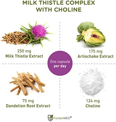 FürstenMED Milk Thistle Artichoke Dandelion & Choline - Liver Complex Highly Dosed with 80% Silymarin - 120 Vegan Capsules - Laboratory Tested & Without Additives