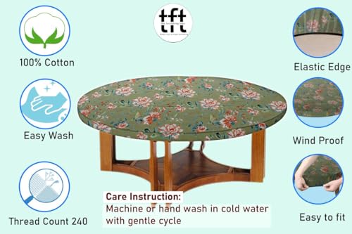 Image of The Furnishing Tree Elastic Cotton Round Center Table Cover 20x20 in Inches Floral Multicolor on Greenish Base
