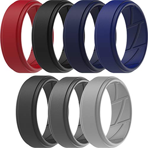 ThunderFit Silicone Wedding Rings for Men, Airflow Inner Grooves - 8mm wide - 2mm Thick (Grey, Dark Grey, Darker Grey, Black, Dark Navy Blue, Dark Red, Dark Blue - Size 9.5 - 10 (19.8mm))