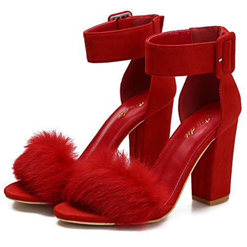 Jiu Du Women's Faux Fur Heels Dress Sandals Open Toe Ankle Strap Fashion Wedding Sexy Chunky Block Heel High Heeled Pumps Red Suede Faux Fur Size Us9 #TOP2