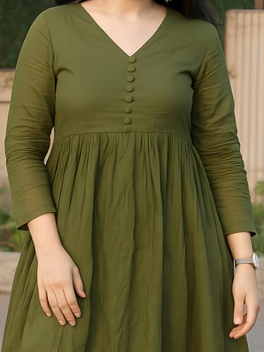 Image of ANILINE Women's V-Neck, Button Front, three-quarter sleeves, Anarkali shape, Empire Waist, Pleated Design Kurta With Pant