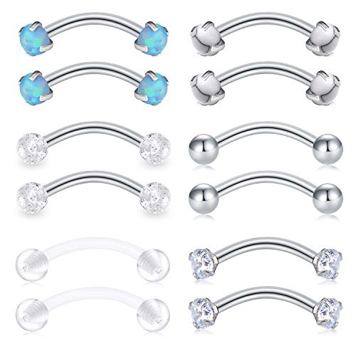 Mayhoop 16G Surgical Steel Eyebrow Piercing Rings Clear Diamond Cz Opal Curved Barbell Rook Daith Piercing Retainer Body Jewelry 5/16" 8Mm In Length For Women Men #TOP6