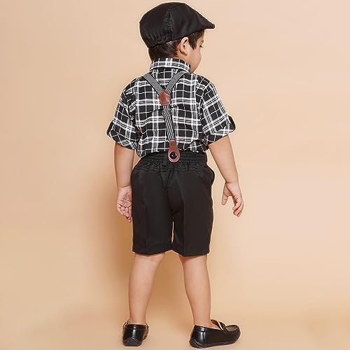 Image of AJ DEZINES Kids Cotton Blend Half Sleeve Shirt Shorts Suspender Cap Bow Tie Set For Boys