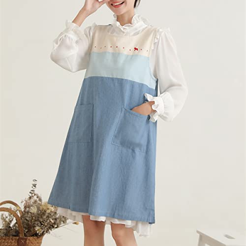 Aobbybbs Cartoon Pony Embroidery Denim Cotton Pinafore Apron Work Household Clothes Baking Cleaning Finishing Apron Ice Cream Gradation #TOP2