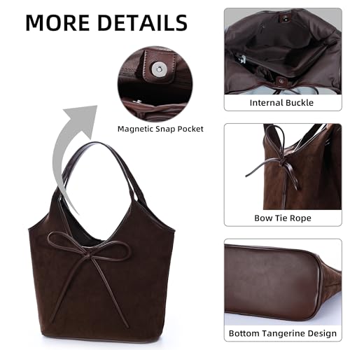 Image of Suede Shoulder Handbags Hobo Tote Bag for Women 2024, Brown Winter Suede Bow Purse