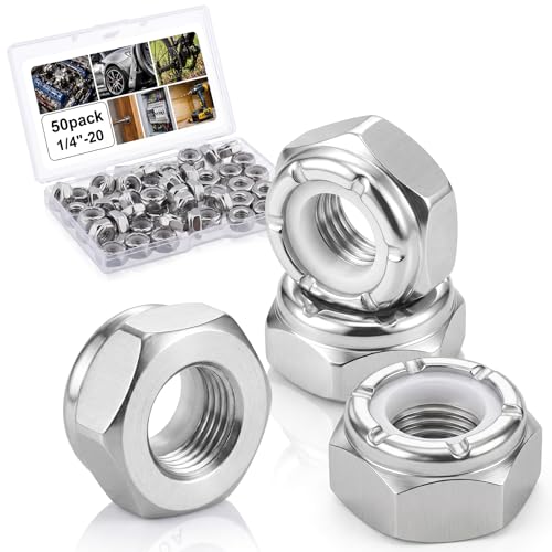 Image of Shimeyao 50 Pack 1 /4-20 Thin Nylon Insert Lock Nuts,Silver | 304 Stainless Steel Low Profile Jam Locknuts, Unc 20 Tpi, Rust Resistant Fasteners for Bolts