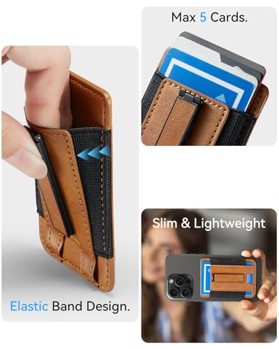 Image of Phone Card Holder Wallet with Stand, Hold 6 Card for iPhone Andriod | Stretch fabric card holder stick on back of phone case. Built-in stand for hands-free viewing. Holds 6 credit /ID cards