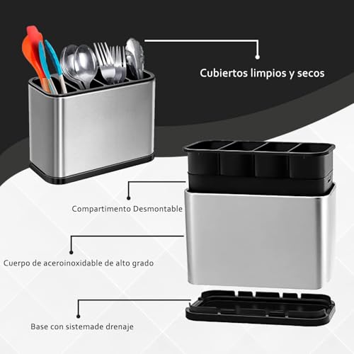 Image of Atasi International Spoon Holder for Kitchen Countertop - Stainless Steel Cutlery Stand with Drain Tray, Rustproof Heavy Duty Utensil Organizer for Kitchen & Dining Table (Silver)