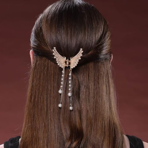 Image of Korean StyleHair Clips For Women - Butterfly Clips For Women, Korean Hair Accessories - Butterfly Clip With Pearls & Rhinestone - Hair Accessories for Women (1 Pc) Butterfly Clutcher For Hair