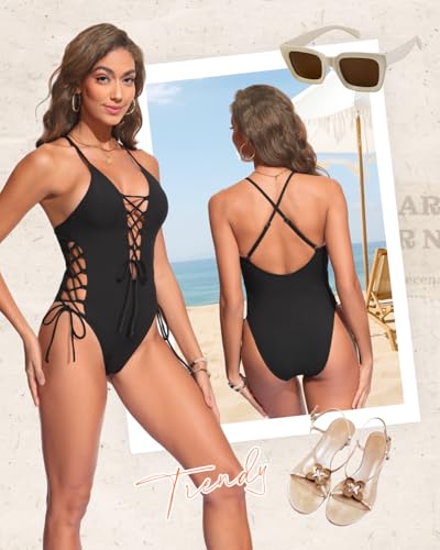 Image of Tempt Me Women Sexy Lace Up One Piece Swimsuit Deep Plunge V Neck High Cut Bathing Suits