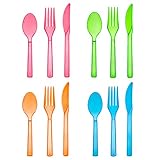 Party Essentials Hard Plastic Cutlery Combo Pack, 48 Pieces/16 Place Settings, Assorted Neon Brights