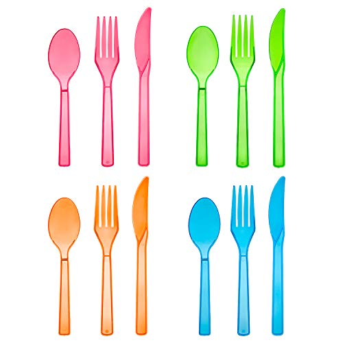 Party Essentials Hard Plastic Cutlery Combo Pack, 48 Pieces/16 Place Settings, Assorted Neon Brights
