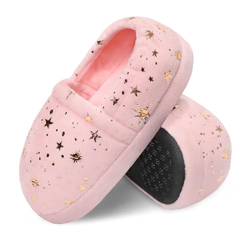 Image of Bigwow Girls House Slippers Cozy Memory Foam Indoor Outdoor Shoes with Non-Slip Sole Star Print for Toddler Little Kids (Pink/Navy Blue)