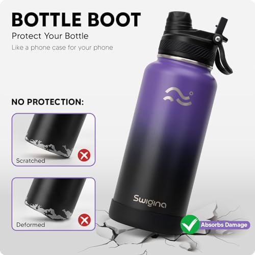 Image of Swigina [2-IN-1 LID] Insulated Water Bottle with Silicone Boot (36hrs Cold /18hrs Hot) - DIY Stickers, Leakproof, BPA Free, 32 oz