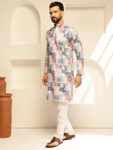 Image of SOJANYA (Since 1958 Men's Cotton Linen Abstract Printed Kurta with White Pyjama