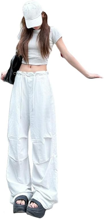 JYHBHMZG Women's American Style Summer High Waist Slimming Drawstring Cuffed Hem Casual Wide Leg Sports Cargo Pants