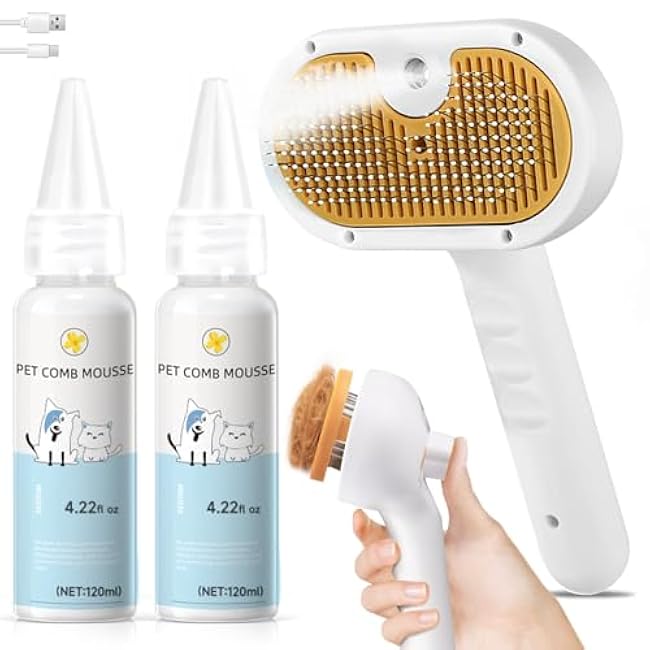 Pet Steam Brush for Dog & Cat ¨C shower bath brush ¨C Steam for Shedding & Grooming Water Brush for Long & Short Haired Pets Spritz Defur Comb 3-in-1 Spray Hair Removal Comb Includes 2*Waterless Shampoo-Nh1rNdGa
