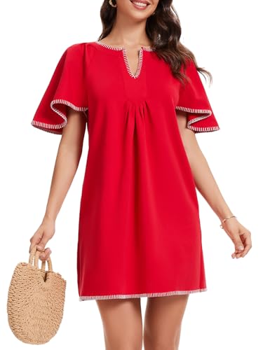 HOULENGS Women's Summer Flutter Short Sleeve A Line Mini Dress Casual Contrast Trim V Neck Short Dress with Pockets