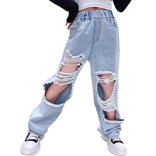 HBER Kids Girls Baggy Jeans Elastic Waist Denim Pants Wide Leg Bottom Casual Loose Fit Ripped Trousers Age 4-14 Years