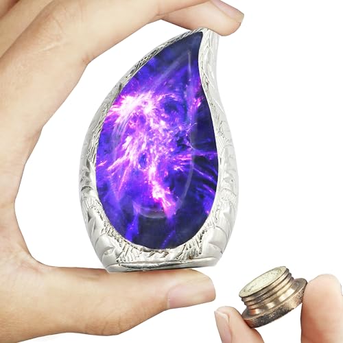 M MEILINXU Urne für Asche für Frauen und Männer, kleine Urnen für menschliche Asche, Tropfenform, dekorativer Einäscherungsbehälter, lila kosmische Galaxie, Aurora Borealis, Mini-Tropfen-Urne –