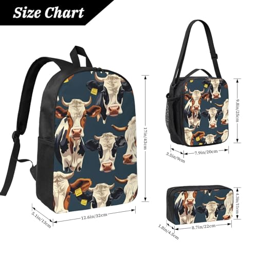cow print Backpack Bookbag for Daily Use,3 Pcs Backpack Set with Lunch Box and Pencil Case4