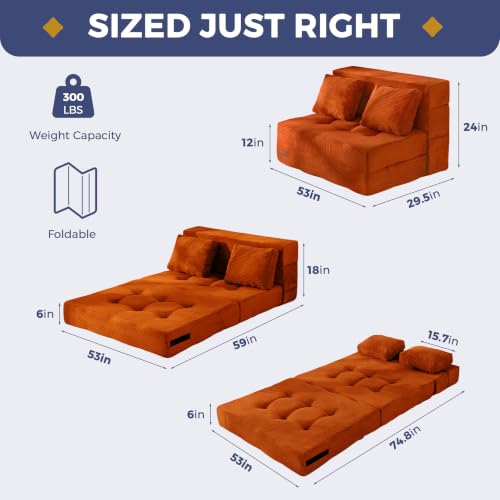 Image of MAXYOYO Convertible Sofa Bed, Fold Out Sofa Couch with Pillow for Adults | Loveseat Sofa 4 in 1 Tufted Folding Couch Bed Foam Floor Couch, Lazy Chair for Living Room Bedroom Guest Room, Orange